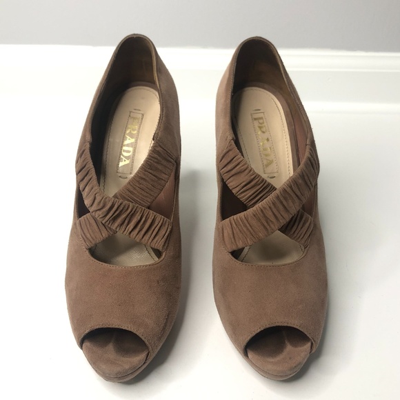 Prada Dark Tan Suede Elastic Ruched Strappy Heels - Picture 1 of 16